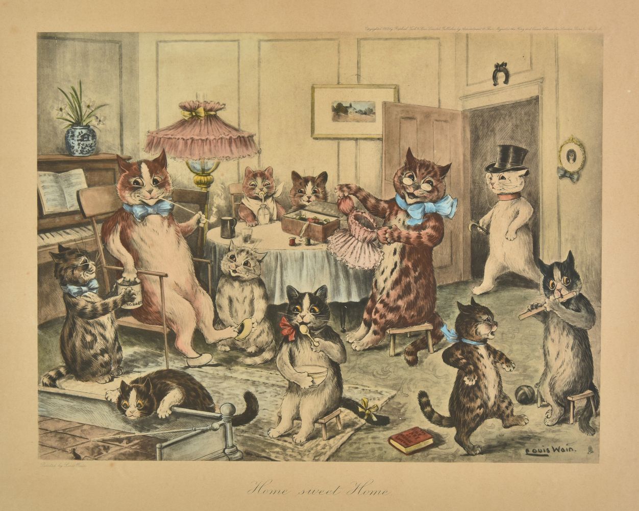 Louis Wain illustration with: 1900, book_item, cane, caption, cat, cat:tabby, cat:tuxedo, clothes:bowtie, clothes:glasses, clothes:hat, color:brown, color:grey, color:white, drinking, eating, flower, humanised, indoors, kitten, manysubjects, meta:has_source, mouse, music:dancing, music:piano, music:wind, profile, sheet_music, smiling, smoking, spotted, subject:music