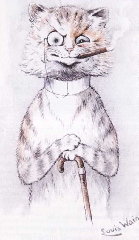 Louis Wain illustration with: 1subject, cane, cat, cat:tabby, clothes:monocle, color:grey, color:white, humanised, meta:has_source, meta:needsyear, signature, smiling, smoking