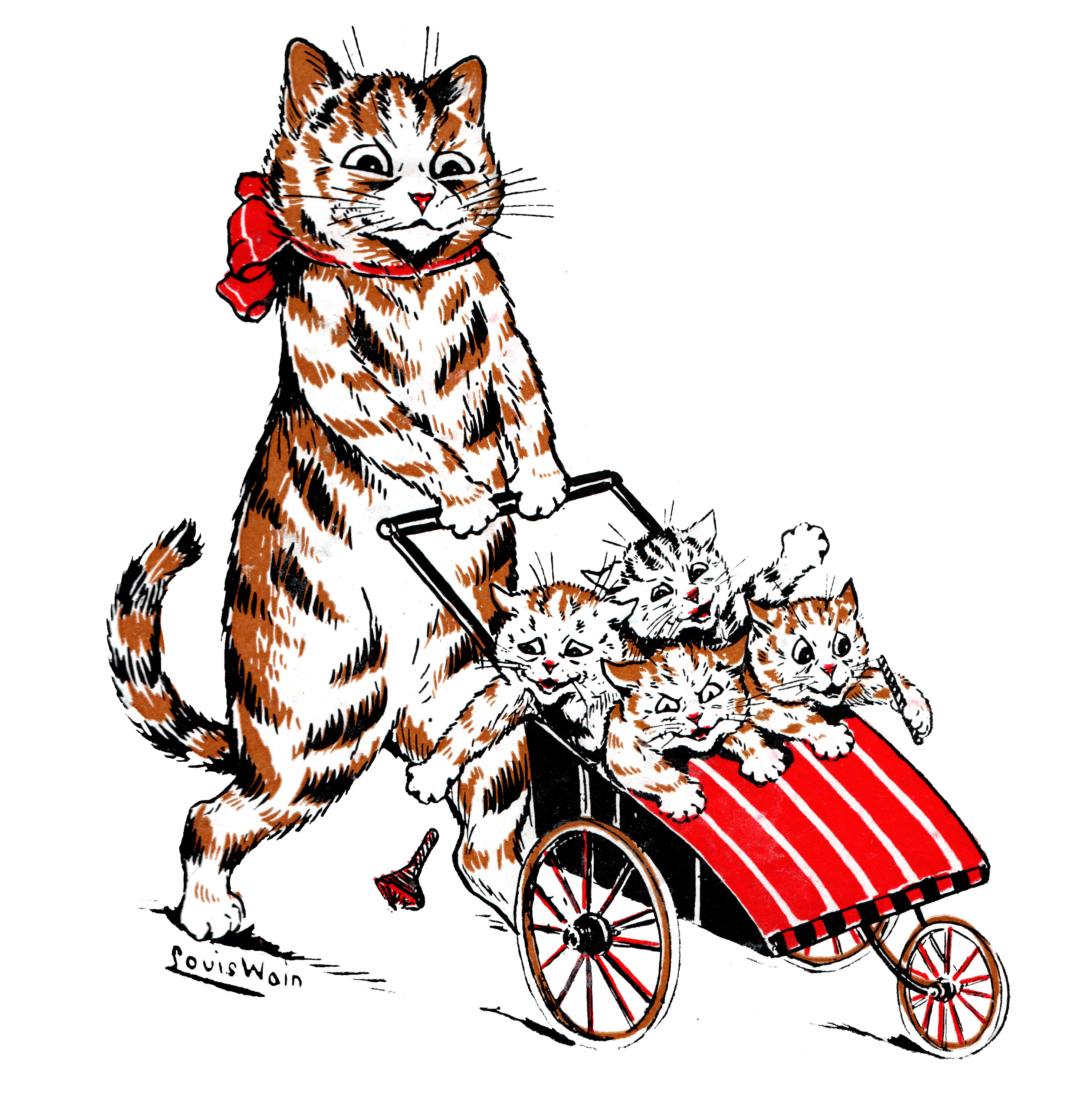 Louis Wain illustration with: 5subjects, book, book:somebodys_pussies, cat, cat:tabby, clothes:bowtie, color:brown, humanised, kitten, meta:has_source, meta:needstitle, meta:ourscan, outdoors, signature, stroller, toy, waving