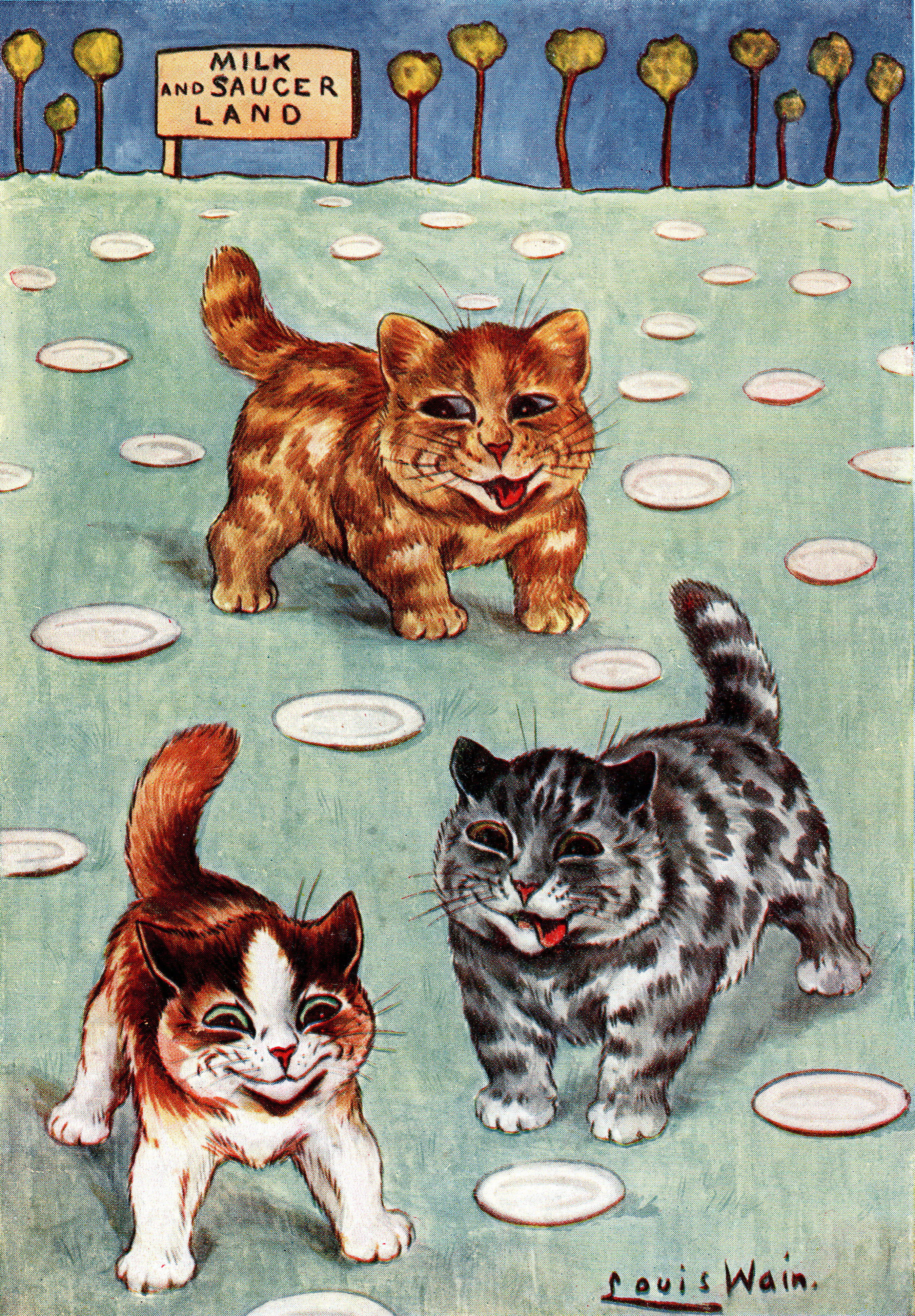 Louis Wain illustration with: 3subjects, book, book:somebodys_pussies, cat, cat:tabby, color:grey, color:orange, meta:featured, meta:has_source, meta:ourscan, outdoors, sign, signature, smiling, surreal, tongue_out