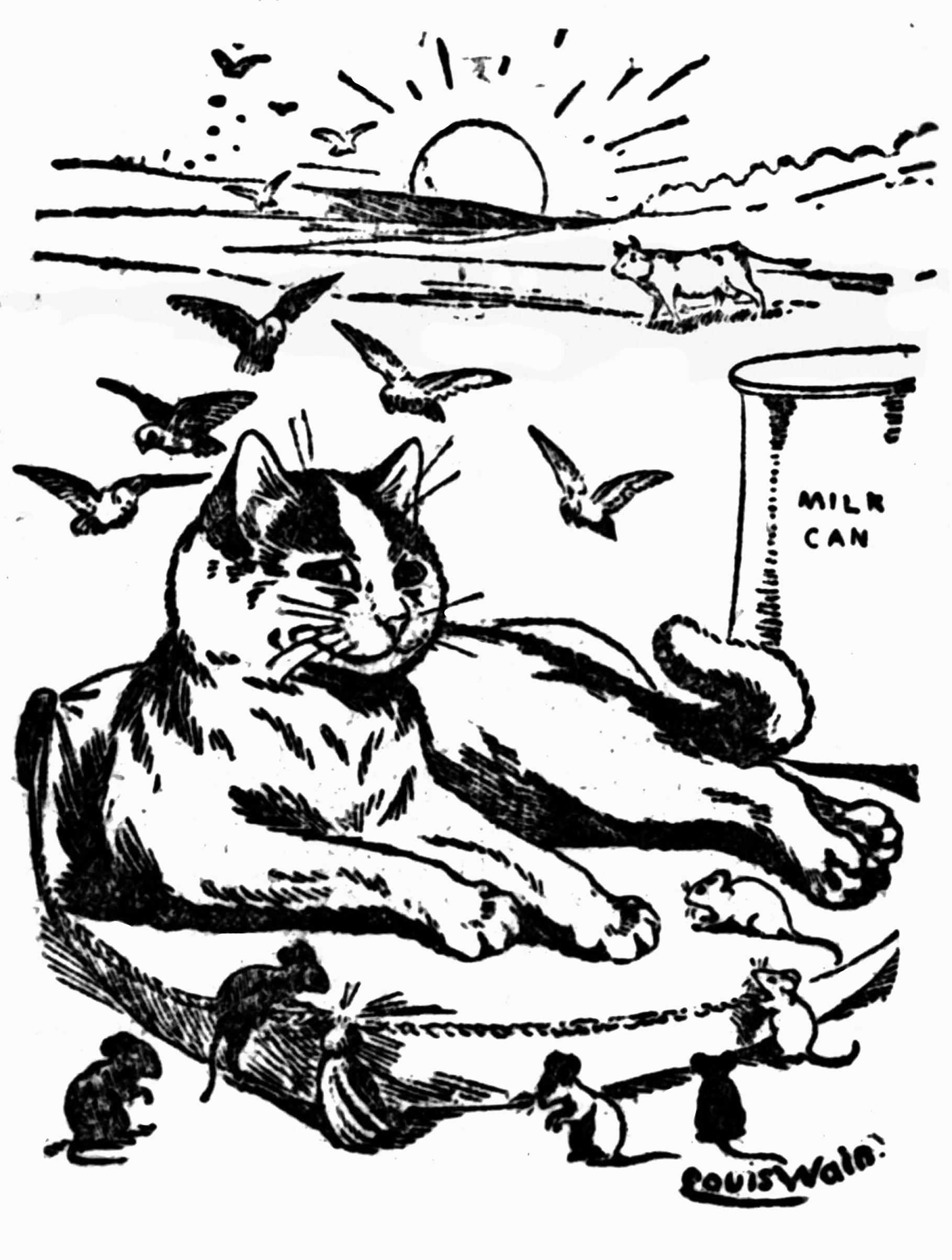 Louis Wain illustration with: 1905, bird, black_and_white, cat, cat:tuxedo, color:black, color:white, cow, manysubjects, meta:has_source, mouse, newspaper_publication, outdoors, realistic, series:nine_lives, signature, smiling, subject:religion, sunset
