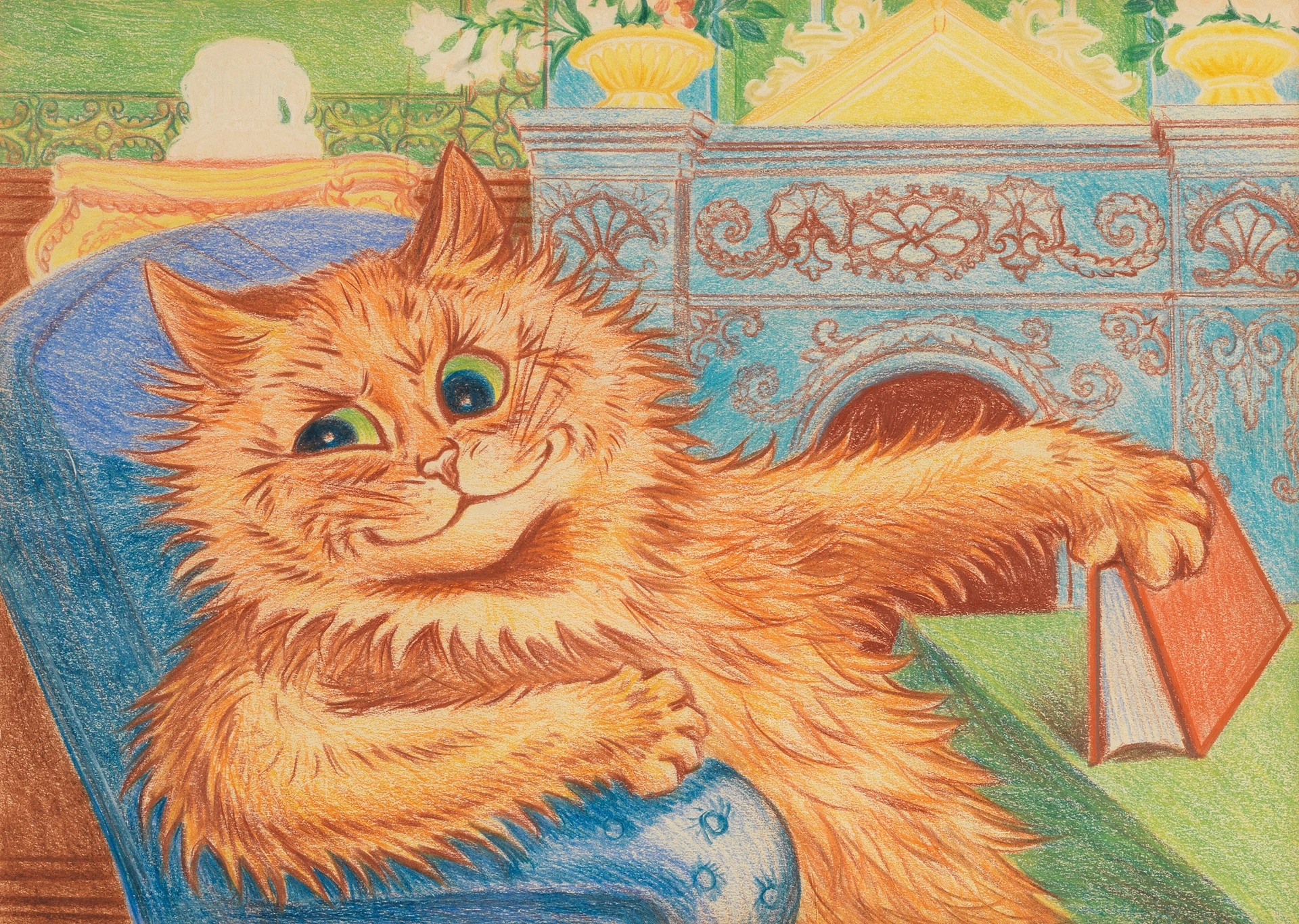 Louis Wain illustration with: 1subject, book_item, cat, color:orange, humanised, indoors, meta:has_source, meta:needsyear, meta:watermark, napsbury, reading, smiling