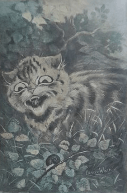 Louis Wain illustration with: 2subjects, aggressive, black_and_white, cat, cat:tabby, frightened, insect, meta:has_source, meta:lowquality, meta:needsyear, outdoors, realistic, signature, unhappy