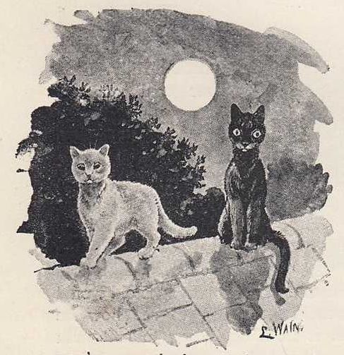 Louis Wain illustration with: 1893, 2subjects, black_and_white, book, book:the_idler, cat, color:black, color:grey, color:white, house, meta:has_source, meta:lowquality, moon, night, outdoors, realistic, roof, shadow, signature