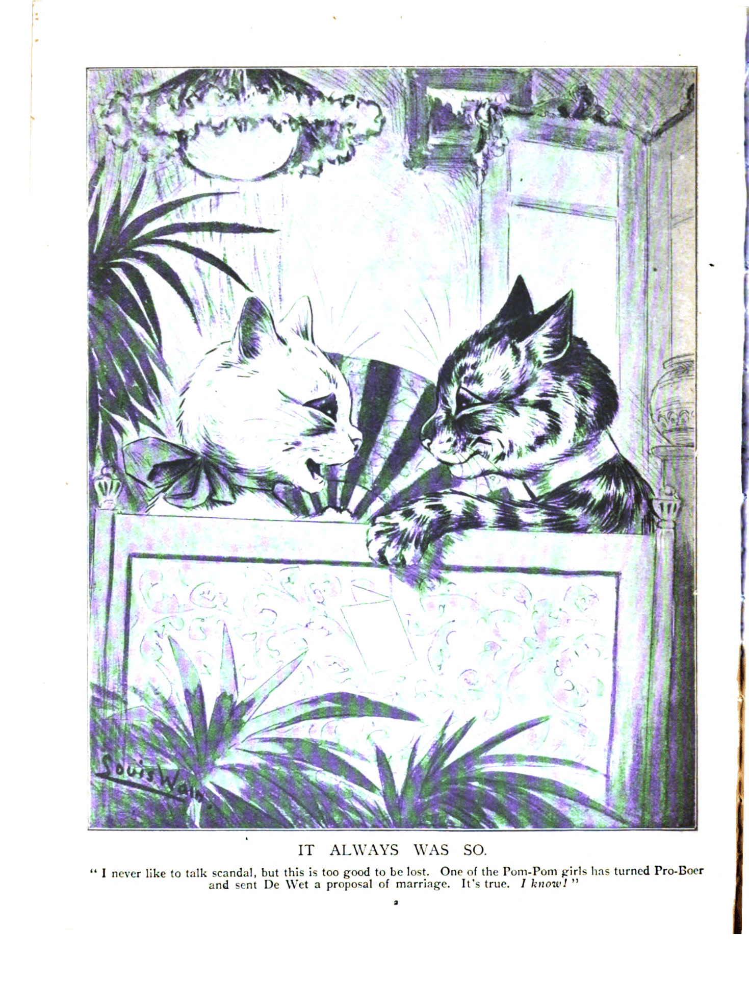 Louis Wain illustration with: 1902, 2subjects, black_and_white, book, book:annual, caption, cat, cat:tabby, clothes:bowtie, color:white, folding_fan, humanised, indoors, meta:scan_artifact, profile, signature, subject:marriage