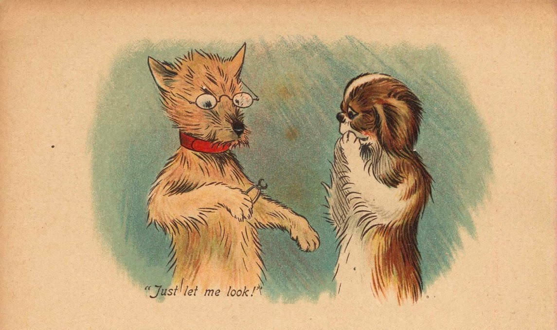 Louis Wain illustration with: 2subjects, book, book:unknown, caption, clothes:glasses, color:brown, color:orange, dog, frightened, humanised, meta:needsyear, profile