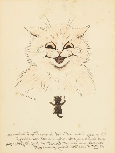 Louis Wain illustration with: 1subject, 2subjects, backwards_writing, black_and_white, caption, cat, color:black, color:white, humanised, meta, meta:lowquality, meta:needsyear, portrait, signature, sketch, smiling