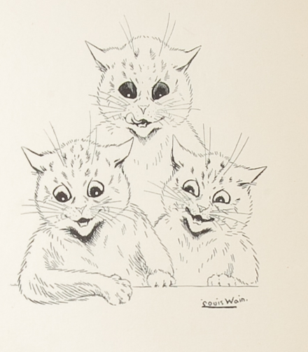 Louis Wain illustration with: 1910, 3subjects, black_and_white, book, book:the_happy_family, cat, color:white, humanised, meta:has_source, meta:lowquality, meta:needstitle, signature, smiling, tongue_out