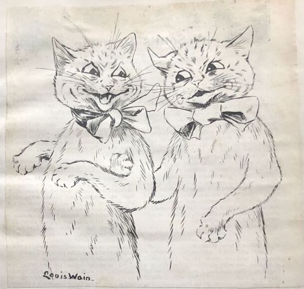 Louis Wain illustration with: 2subjects, black_and_white, cat, clothes:bowtie, color:white, humanised, meta:has_source, meta:needstitle, signature, smiling