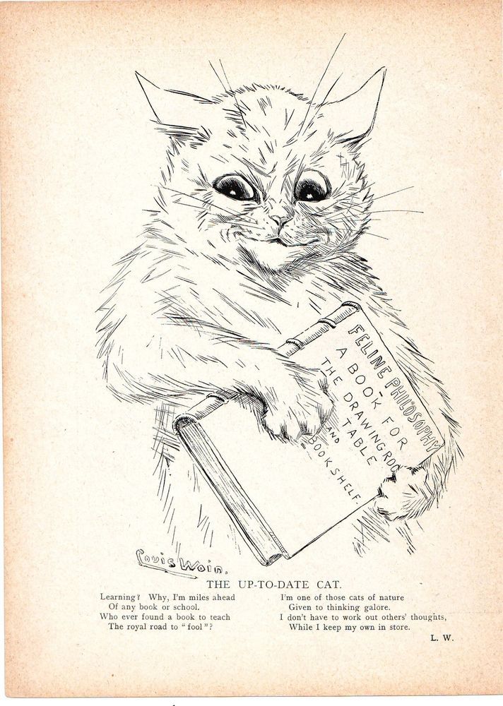 Louis Wain illustration with: 1subject, black_and_white, book, book:unknown, book_item, caption, cat, color:white, humanised, meta:has_source, meta:needsyear, portrait, signature