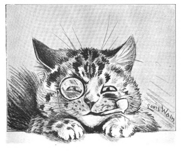 Louis Wain illustration with: 1902, 1subject, black_and_white, book, book:annual, cat, cat:tabby, christmas, clothes:monocle, humanised, meta:has_source, portrait, signature, smiling, smoking