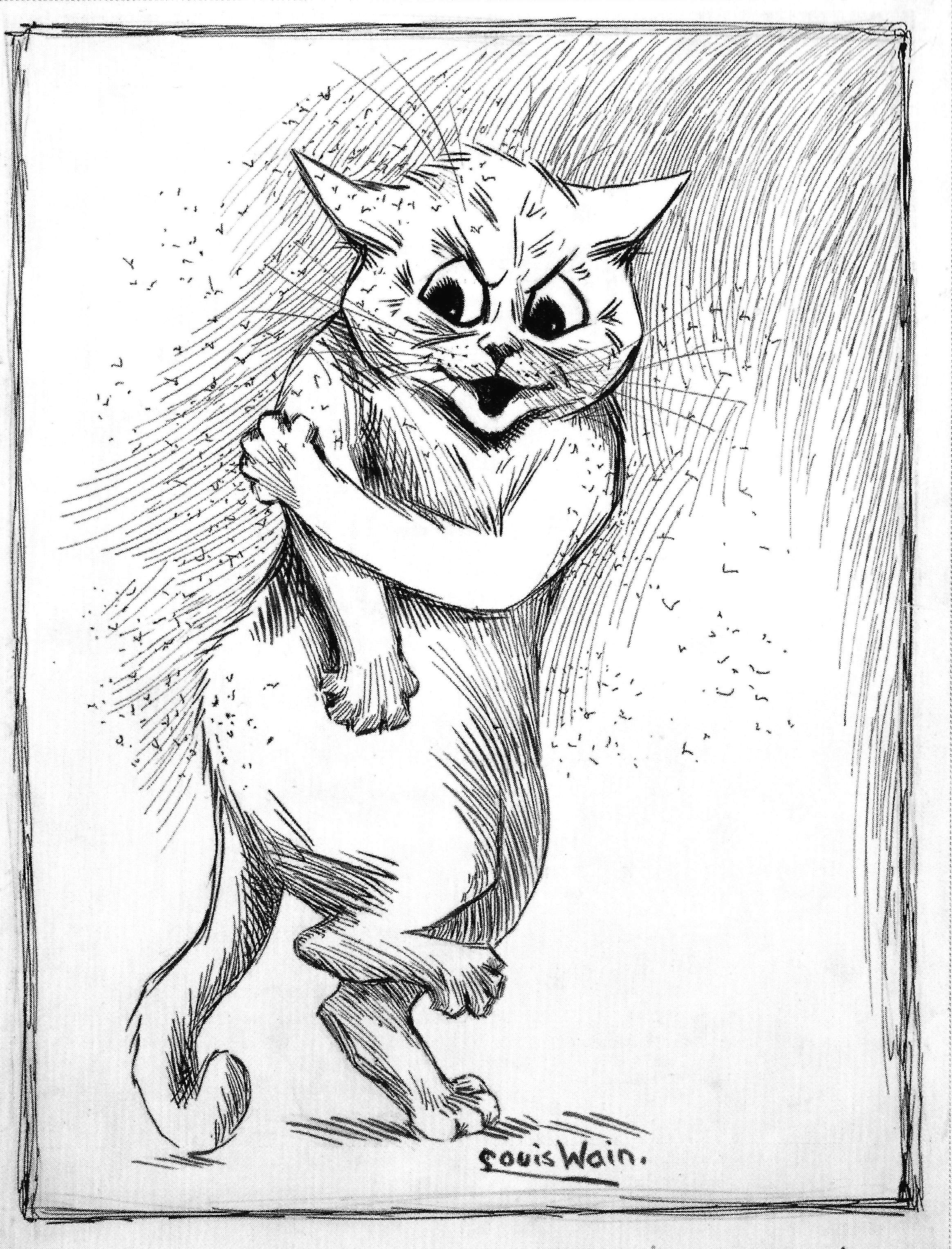 Louis Wain illustration with: 1subject, black_and_white, cat, color:white, humanised, insect, meta:has_source, meta:needsyear, meta:ourscan, signature, unhappy