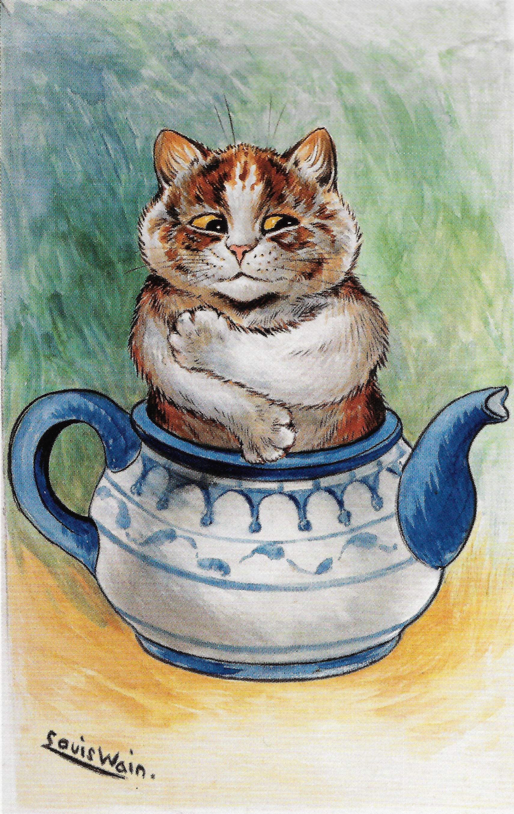 Louis Wain illustration with: 1subject, cat, color:brown, color:white, humanised, indoors, meta:featured, meta:has_source, meta:needsyear, meta:ourscan, signature, smiling, tea
