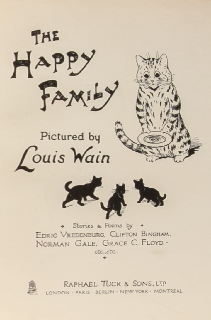 Louis Wain illustration with: 1910, 4subjects, black_and_white, book, book:the_happy_family, cat, cat:tabby, color:black, humanised, kitten, meta:has_source, smiling
