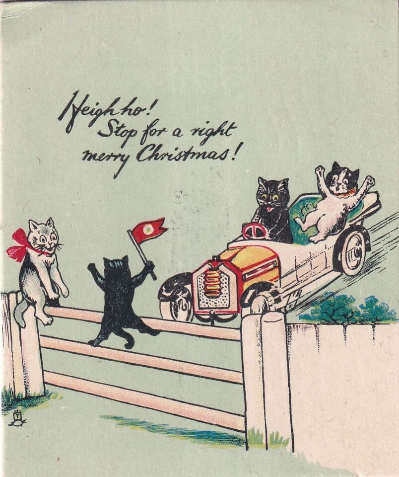 Louis Wain illustration with: 1921, 4subjects, caption, car, cat, cat:tuxedo, christmas, clothes:bowtie, color:black, color:white, frightened, meta:disputable, outdoors, postcard, smiling