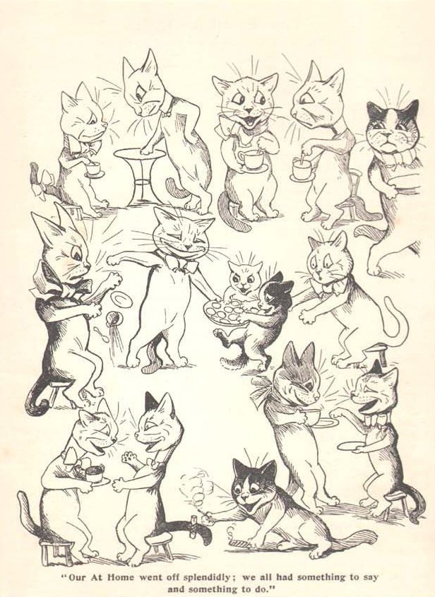 Louis Wain illustration with: black_and_white, caption, carrying, cat, cat:tuxedo, clothes:bowtie, color:white, frightened, humanised, kitten, manysubjects, meta:has_source, meta:needsyear, profile, smiling, tea, unhappy