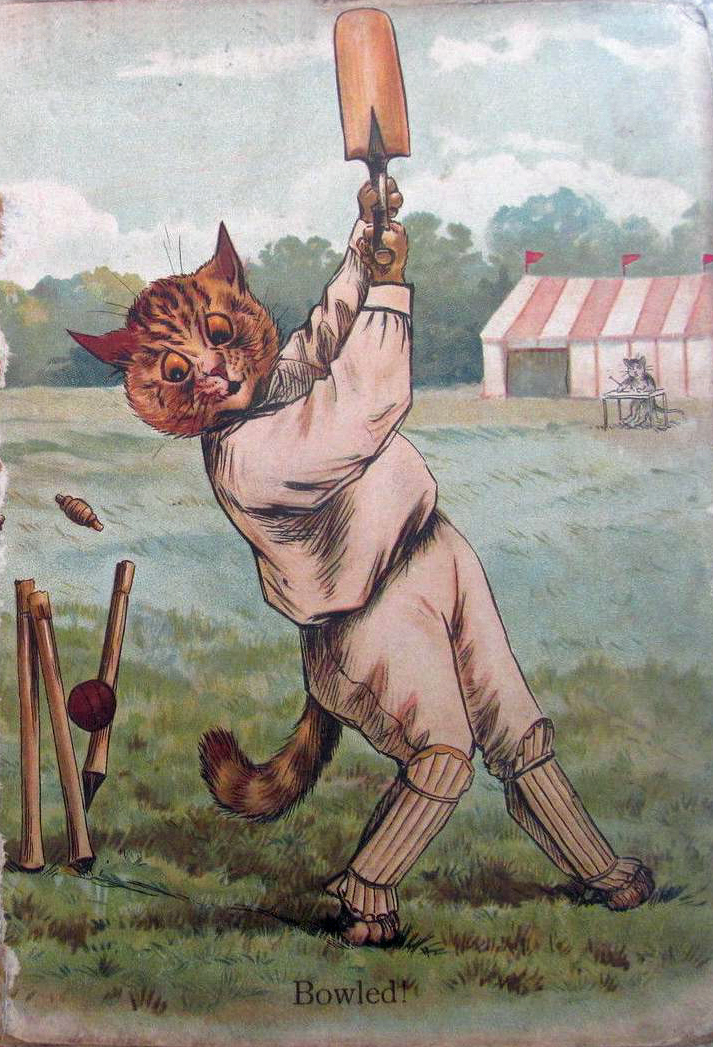 Louis Wain illustration with: 2subjects, book, book:cat_life, caption, cat, cat:tabby, clothes, color:brown, color:grey, color:orange, frightened, humanised, meta:needsyear, outdoors, smiling, sports, sports:cricket
