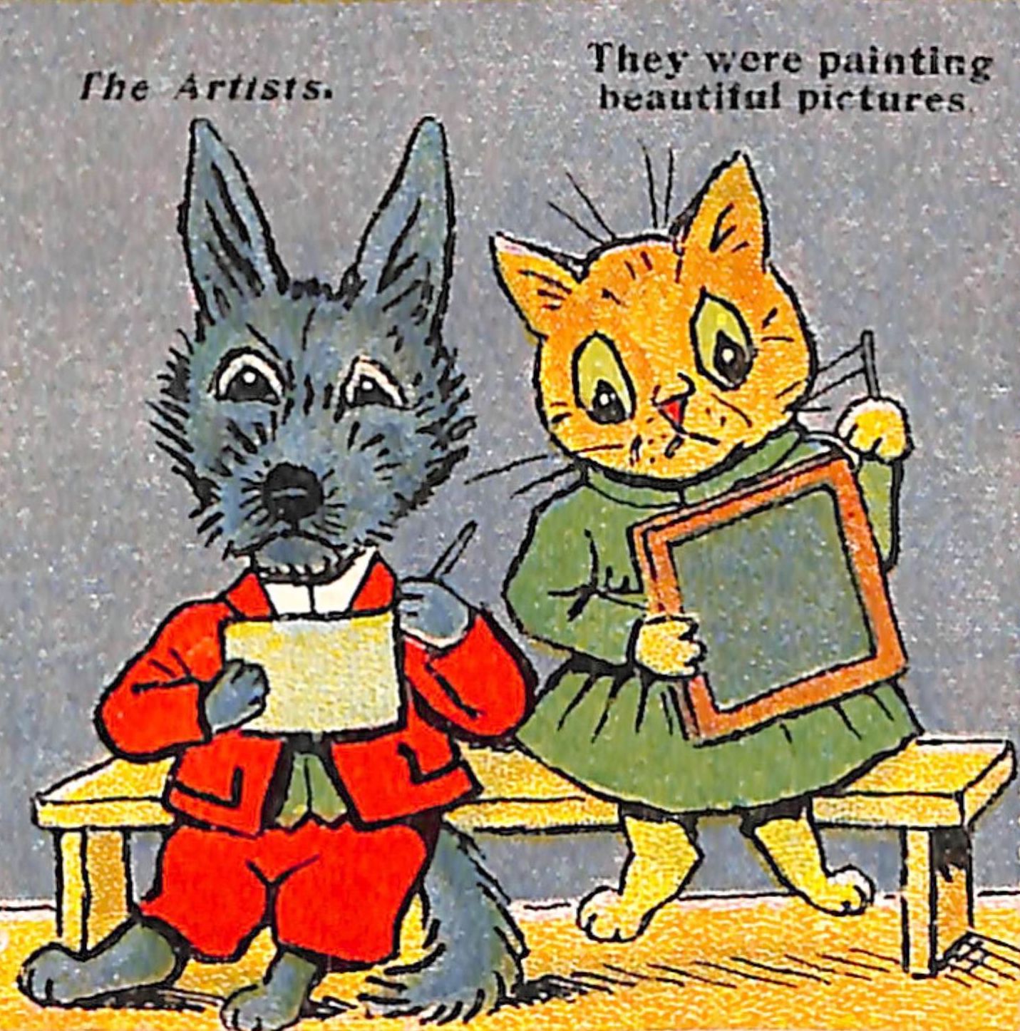 Louis Wain illustration with: 2subjects, 3panel, caption, cat, clothes, color:blue, color:grey, color:orange, color:yellow, dog, indoors, kitten, meta:needsyear, puppy, shadow, unhappy, writing