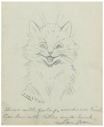 Louis Wain illustration with: 1subject, black_and_white, caption, cat, color:white, humanised, meta:has_source, meta:lowquality, meta:needsyear, portrait, signature, sketch, smiling, wondrous_kind