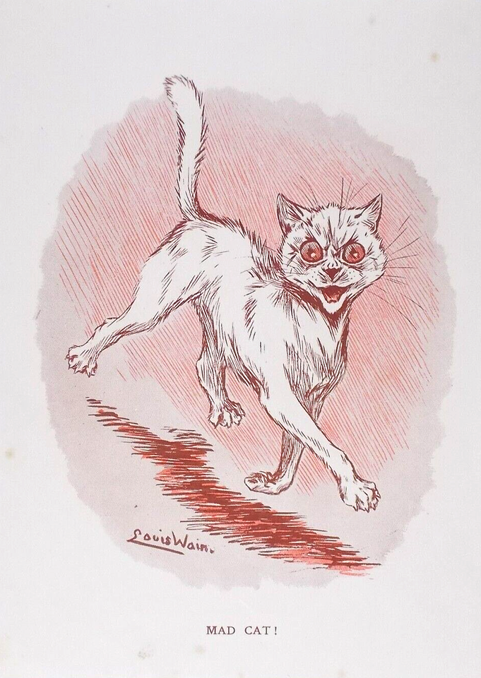 Louis Wain illustration with: 1910, 1subject, black_and_white, caption, cat, color:white, meta:has_source, realistic, shadow, signature, smiling