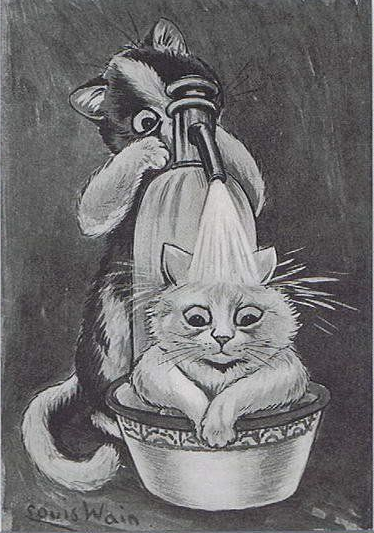 Louis Wain illustration with: 2subjects, black_and_white, cat, cat:tuxedo, color:white, humanised, meta:has_source, meta:lowquality, meta:needsyear, signature, wet