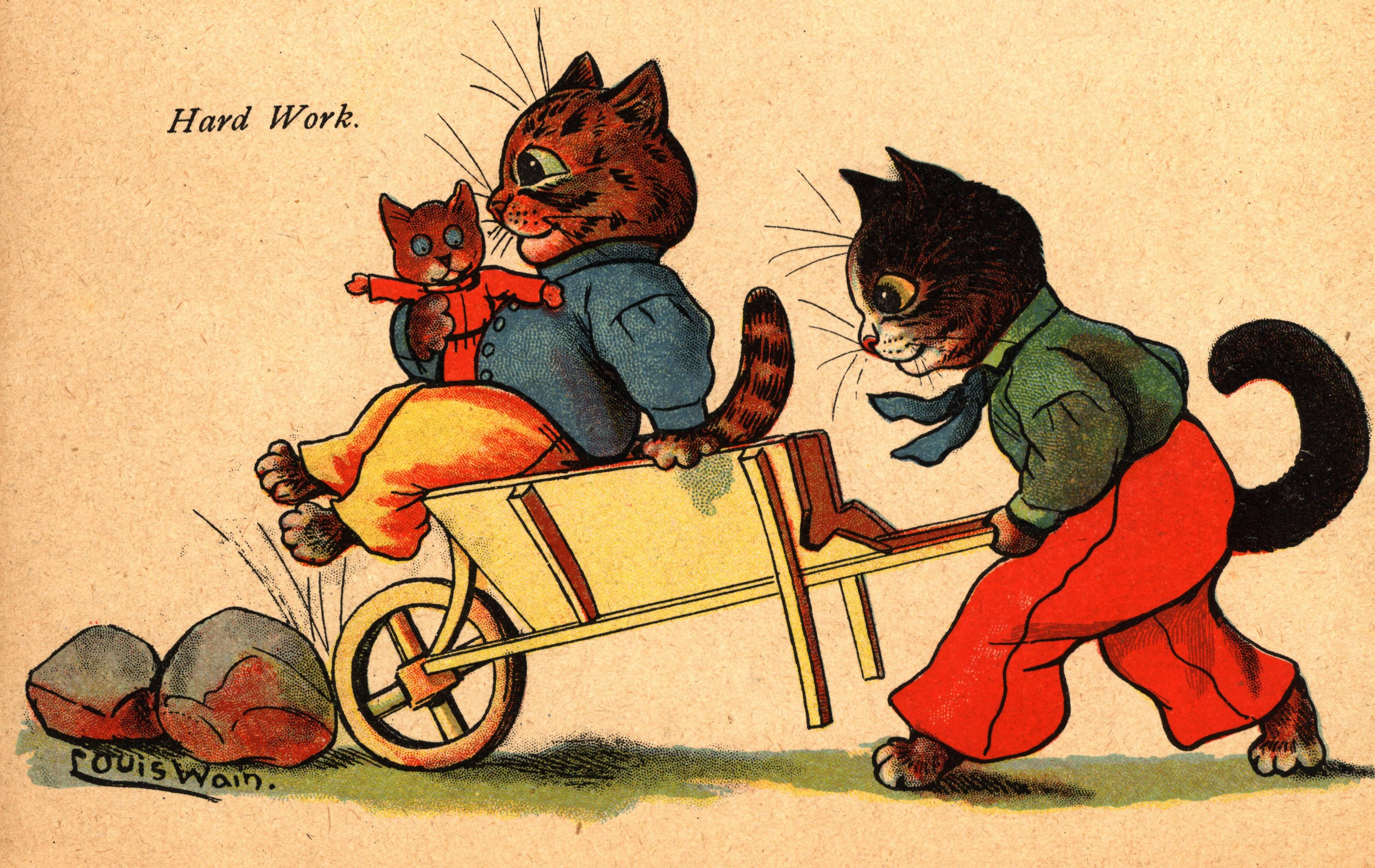 Louis Wain illustration with: 3subjects, book, book:unknown, caption, carrying, cat, cat:tabby, cat:tuxedo, clothes, color:black, color:brown, humanised, kitten, meta:needsyear, outdoors, profile, riding, signature, smiling, toy