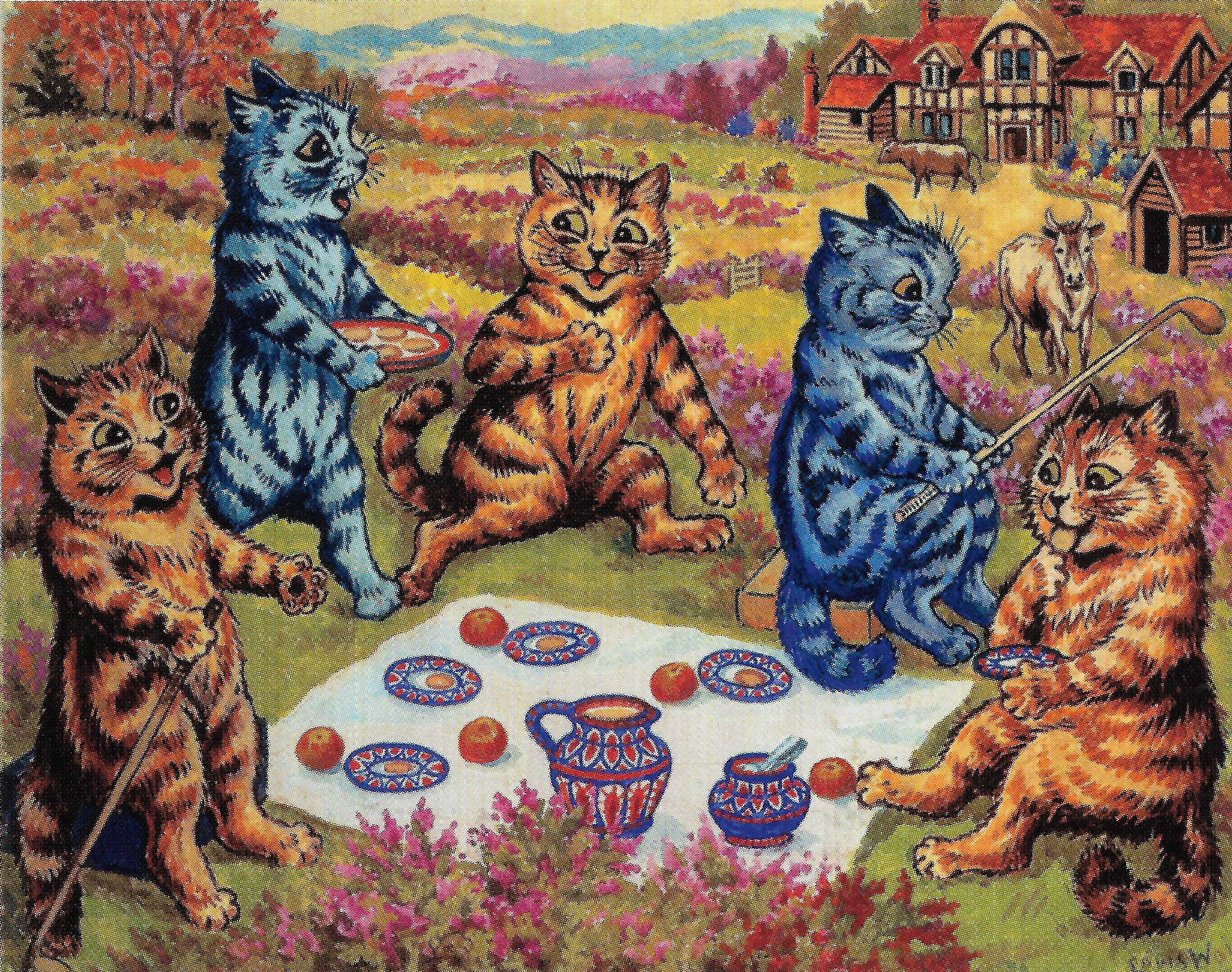 Louis Wain illustration with: 7subjects, cane, cat, cat:tabby, color:blue, color:brown, color:orange, cow, eating, flower, fruit, house, humanised, meta:has_source, meta:needsyear, meta:ourscan, meta:wallpaper, napsbury, outdoors, picnic, profile, signature, smiling, sports:golf, tea