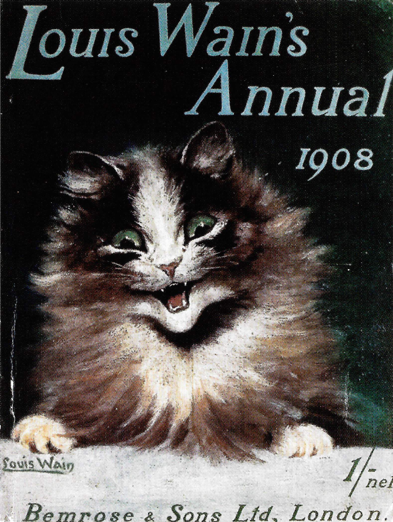 Louis Wain illustration with: 1908, 1subject, book, book:annual, book_cover, cat, cat:tuxedo, humanised, meta:has_source, meta:ourscan, portrait, signature, smiling