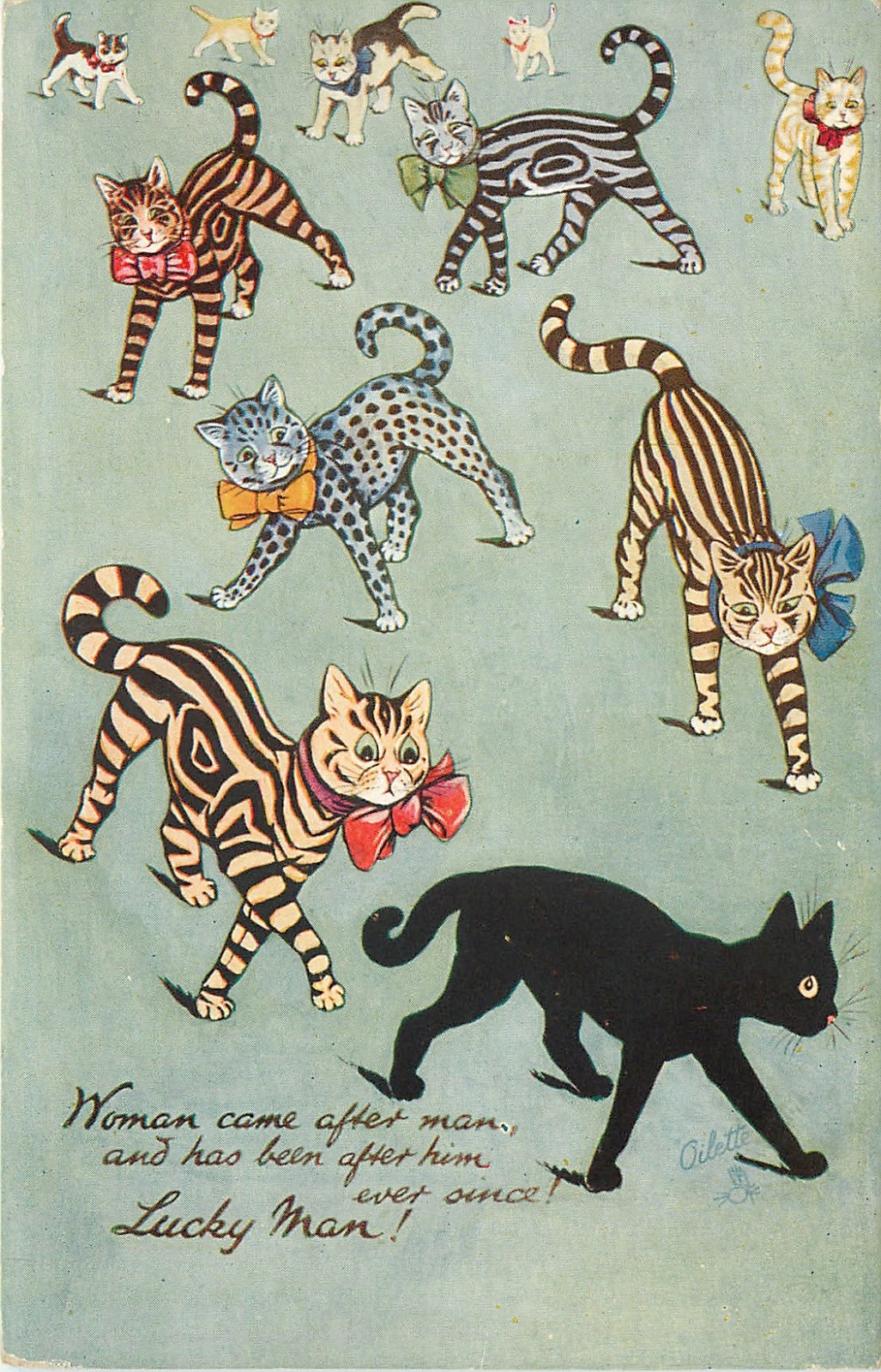 Louis Wain illustration with: caption, cat, cat:tabby, clothes:bowtie, color:black, color:blue, color:brown, color:white, manysubjects, meta:needsyear, postcard, realistic, signature, smiling, spotted, subject:love, subject:marriage