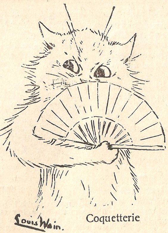 Louis Wain illustration with: 1subject, black_and_white, caption, cat, color:white, folding_fan, humanised, meta:has_source, meta:needsyear, portrait, signature