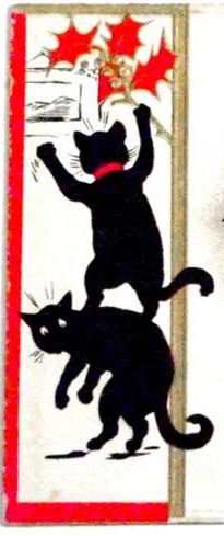 Louis Wain illustration with: 2subjects, 2tone, carrying, cat, christmas, color:black, humanised, indoors, meta:disputable, meta:lowquality, meta:needsyear, postcard, riding, shadow
