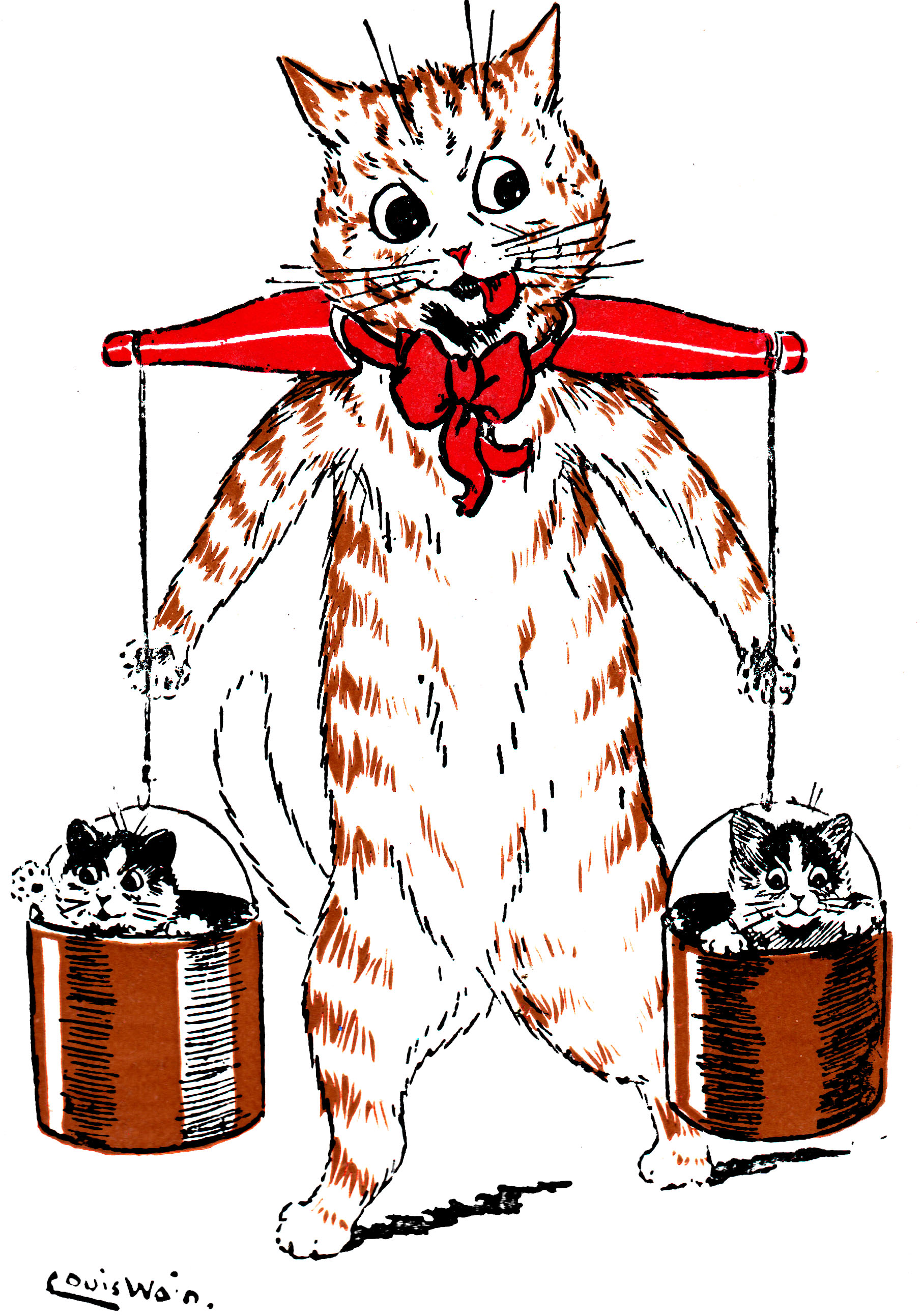 Louis Wain illustration with: 3subjects, book, book:somebodys_pussies, caption, carrying, cat, cat:tuxedo, clothes:bowtie, color:brown, humanised, kitten, meta:has_source, meta:ourscan, signature, tongue_out, waving
