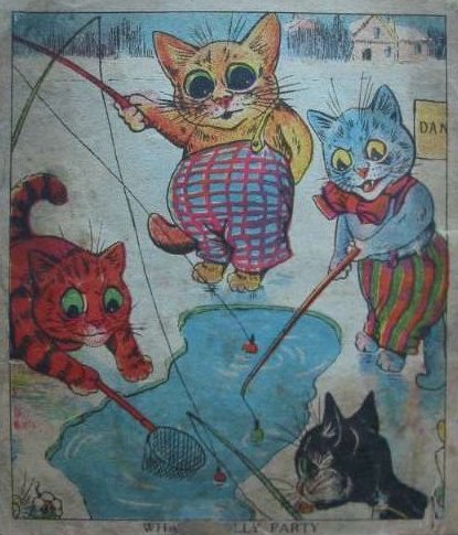 Louis Wain illustration with: 4subjects, book, book:louis_wains_jolly_cats, caption, cat, cat:tabby, clothes, clothes:bowtie, color:black, color:blue, color:grey, color:orange, color:yellow, fishing, house, humanised, ice, meta:has_source, meta:lowquality, meta:needsyear, outdoors, profile, sign, smiling, snow, winter