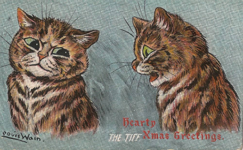 Louis Wain illustration with: 2subjects, caption, cat, cat:tabby, christmas, color:brown, color:orange, humanised, meta:has_source, meta:needsyear, portrait, postcard, profile, signature, unhappy