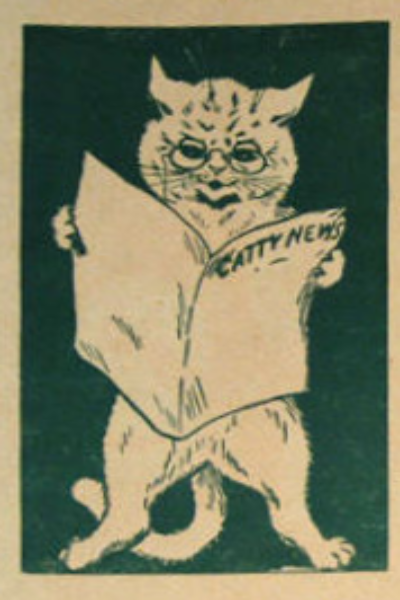 Louis Wain illustration with: 1904, 1subject, black_and_white, book, book:in_animal_land, cat, cat:tabby, clothes:glasses, color:white, humanised, meta:has_source, meta:lowquality, newspaper, reading, smiling