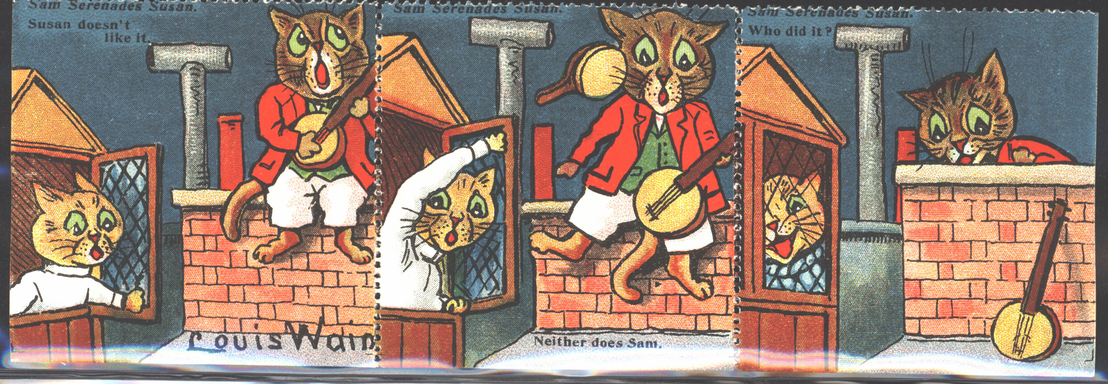 Louis Wain illustration with: 2subjects, 3panel, caption, cat, clothes, color:brown, color:orange, frightened, house, humanised, meta:has_source, meta:needsyear, music:singing, music:string, night, outdoors, roof, signature, smiling, subject:love, subject:music, unhappy