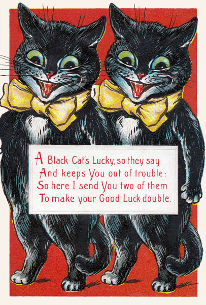 Louis Wain illustration with: 1910, 2subjects, caption, cat, cat:tuxedo, clothes:bowtie, color:black, fortune, humanised, meta:has_source, meta:lowquality, postcard, sign, smiling