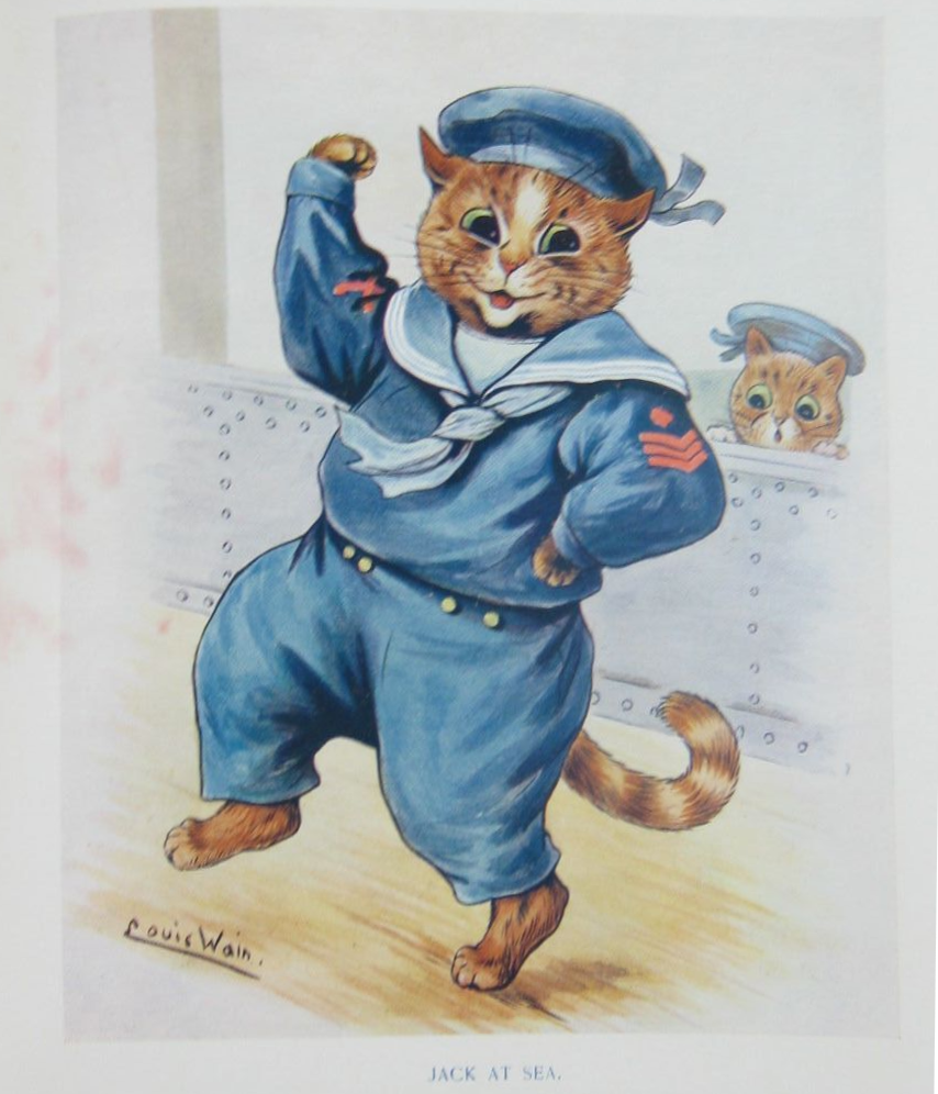 Louis Wain illustration with: 2subjects, boat, book, book:unknown, caption, cat, clothes, clothes:hat, color:orange, frightened, humanised, meta:needsyear, outdoors, signature, smiling