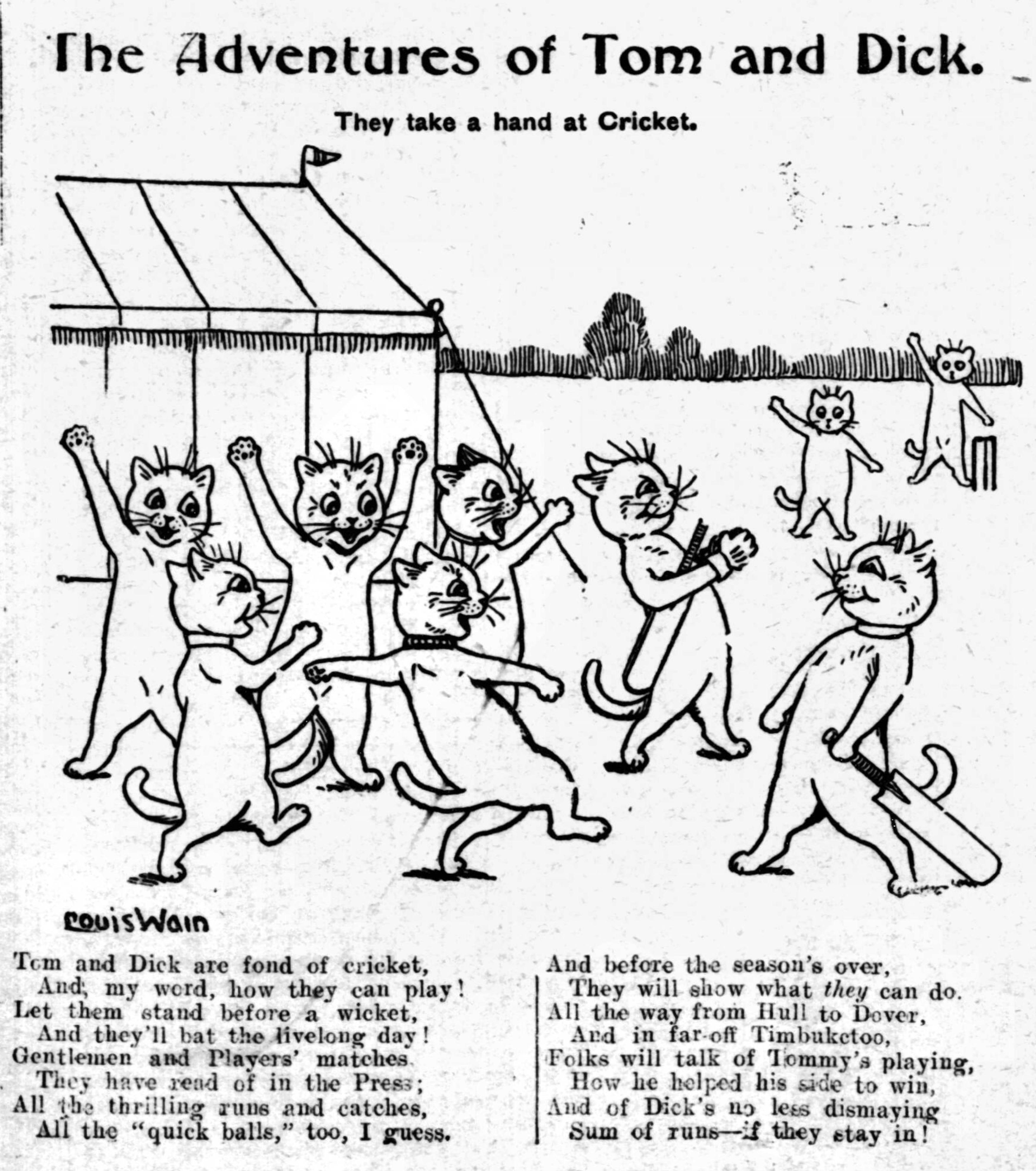 Louis Wain illustration with: 1922, 9subjects, black_and_white, caption, cat, color:white, humanised, meta:has_source, newspaper_publication, outdoors, profile, series:tom_and_dick, signature, smiling, sports, sports:cricket, tent, waving