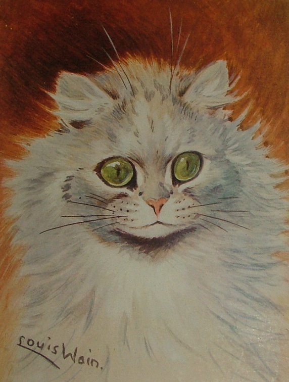 Louis Wain illustration with: 1910, 1subject, cat, cat:persian, color:white, meta:has_source, meta:needstitle, portrait, realistic, signature