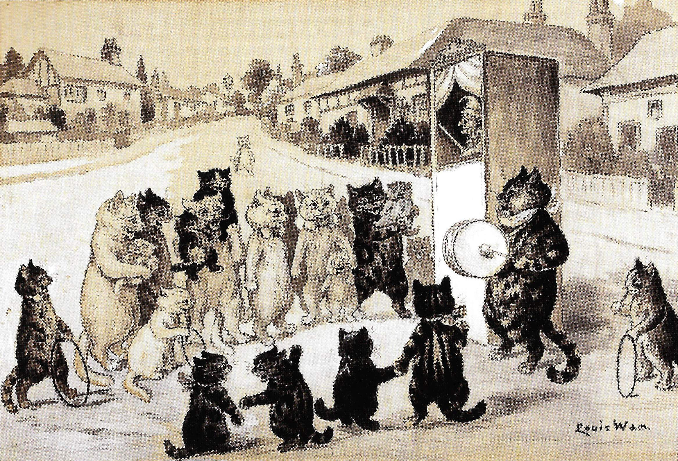 Louis Wain illustration with: carrying, cat, cat:tabby, cat:tuxedo, clothes:bowtie, clothes:pointed_hat, color:black, color:white, gnome, house, humanised, kitten, manysubjects, meta:has_source, meta:needsyear, meta:ourscan, meta:wallpaper, music:drum, music:wind, outdoors, profile, signature, smiling, subject:music, subject:theatre, waving