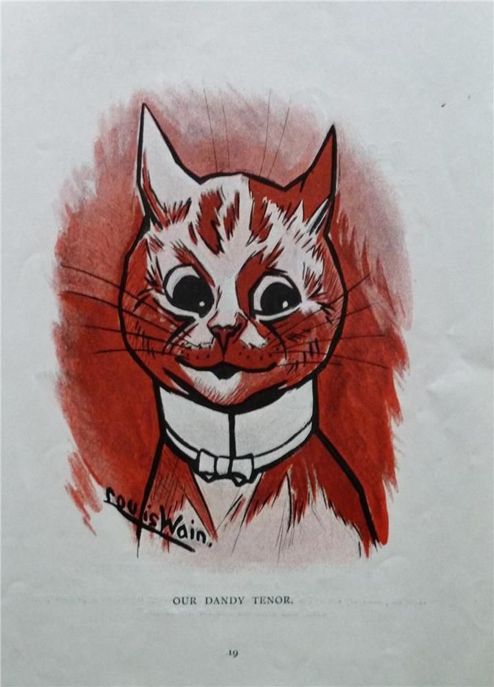 Louis Wain illustration with: 1901, 1subject, 2tone, book, book:unknown, caption, cat, clothes:bowtie, color:white, humanised, meta:has_source, portrait, signature, smiling