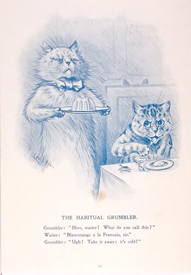 Louis Wain illustration with: 1910, 2subjects, black_and_white, caption, carrying, cat, cat:tabby, clothes:bowtie, color:white, eating, humanised, meta:has_source, signature, unhappy
