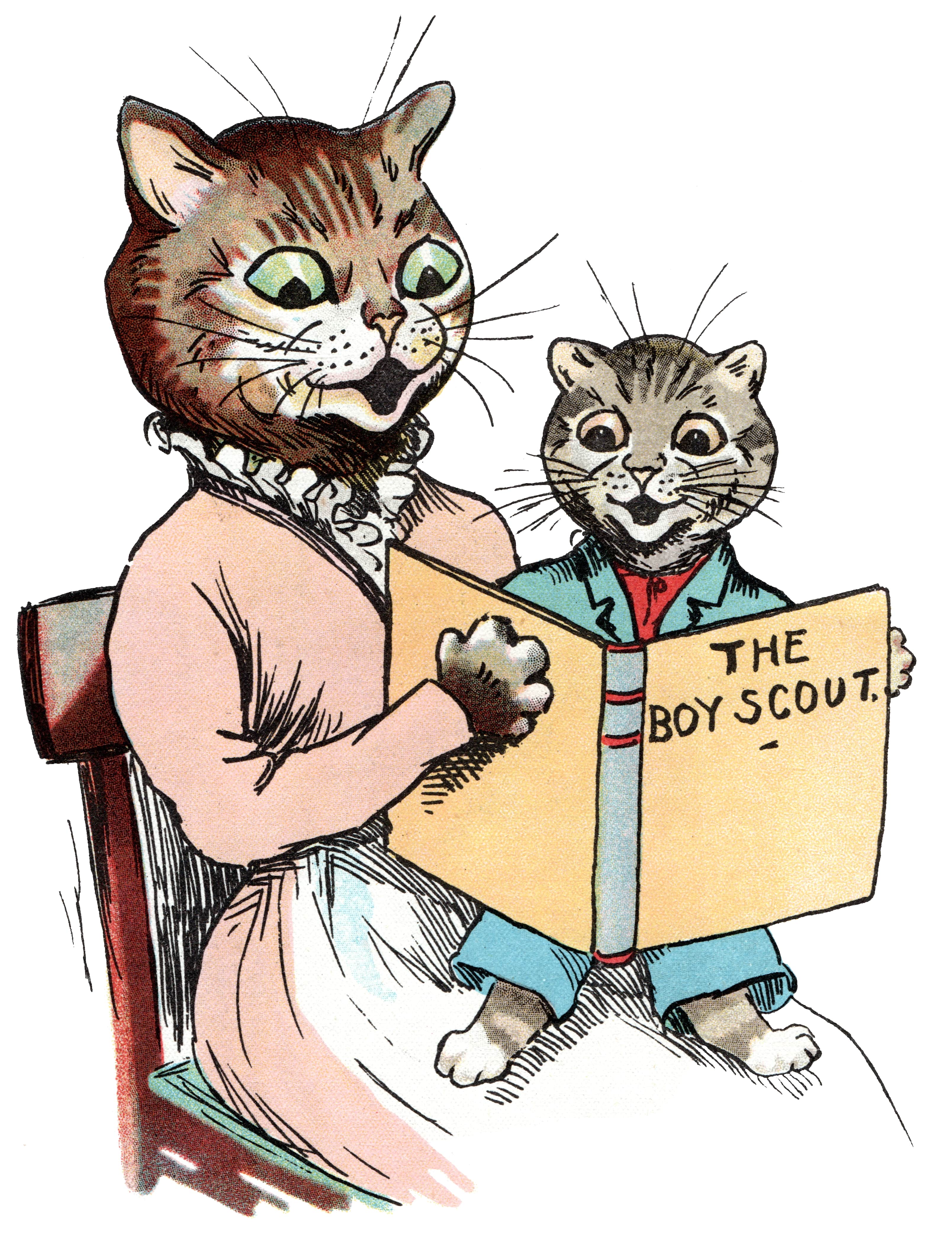 Louis Wain illustration with: 2subjects, book, book:the_cat_scouts, book_item, cat, cat:tabby, color:brown, color:orange, humanised, kitten, meta:has_source, meta:ourscan, reading, smiling