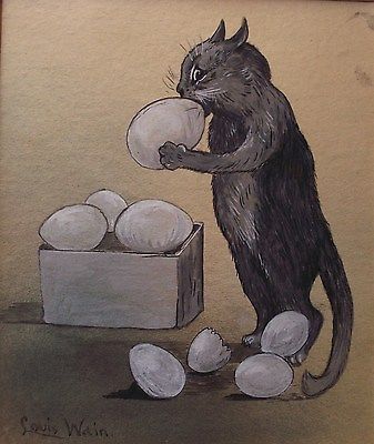 Louis Wain illustration with: 1subject, biting, cat, color:grey, eating, egg, humanised, meta:has_source, meta:lowquality, meta:needsyear, profile, signature