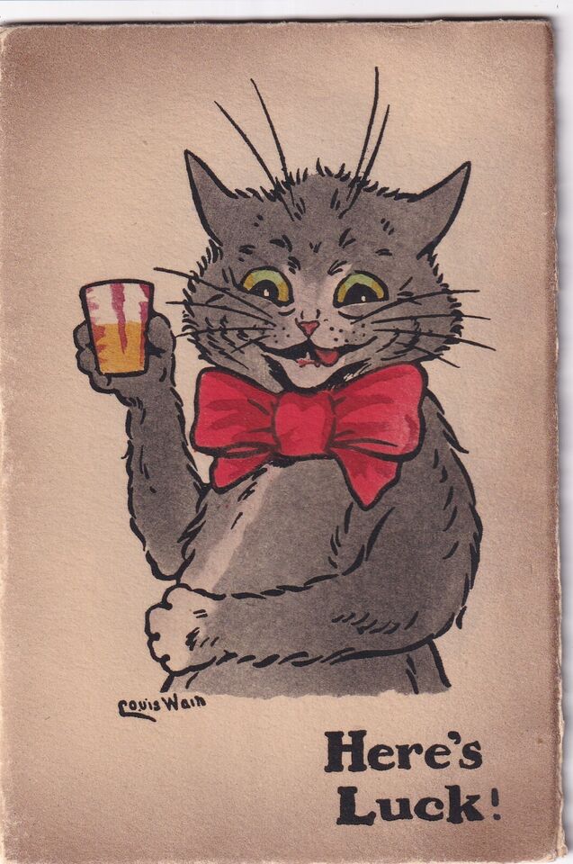 Louis Wain illustration with: 1915, 1subject, caption, cat, clothes:bowtie, color:grey, fortune, humanised, meta:has_source, postcard, signature, tongue_out
