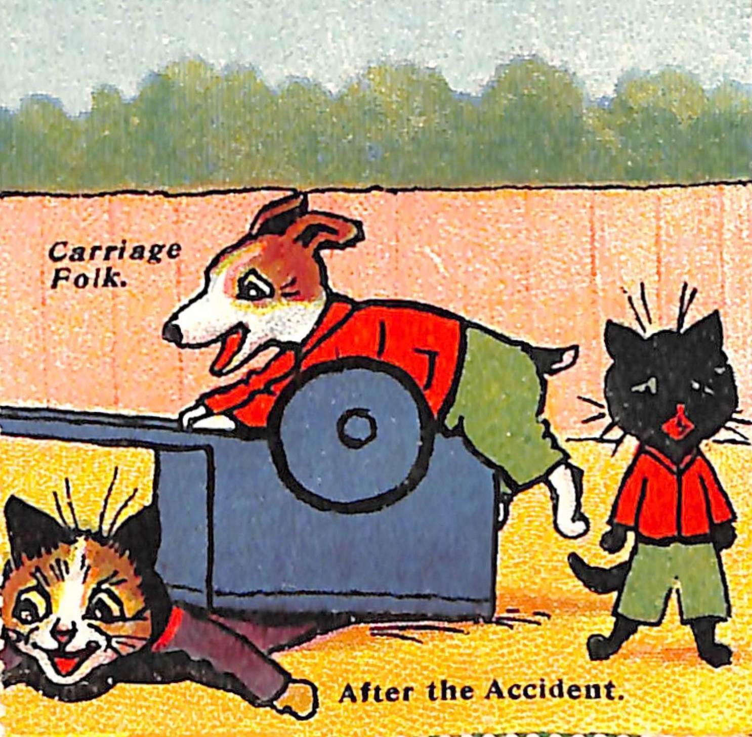 Louis Wain illustration with: 3panel, 3subjects, caption, cart, cat, cat:calico, color:black, color:brown, dog, injury, kitten, meta:needsyear, outdoors, puppy, riding, smiling, unhappy