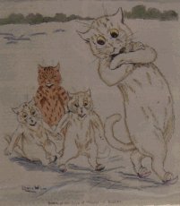 Louis Wain illustration with: 4subjects, cat, cat:tabby, color:brown, color:white, frightened, humanised, ice, kitten, meta:has_source, meta:lowquality, meta:needsyear, outdoors, signature, skating, smiling, winter