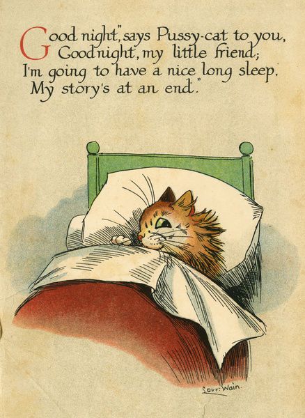Louis Wain illustration with: 1subject, book, book:daddy_cat, caption, cat, color:orange, humanised, indoors, meta:lowquality, meta:needsyear, profile, signature, sleeping, smiling
