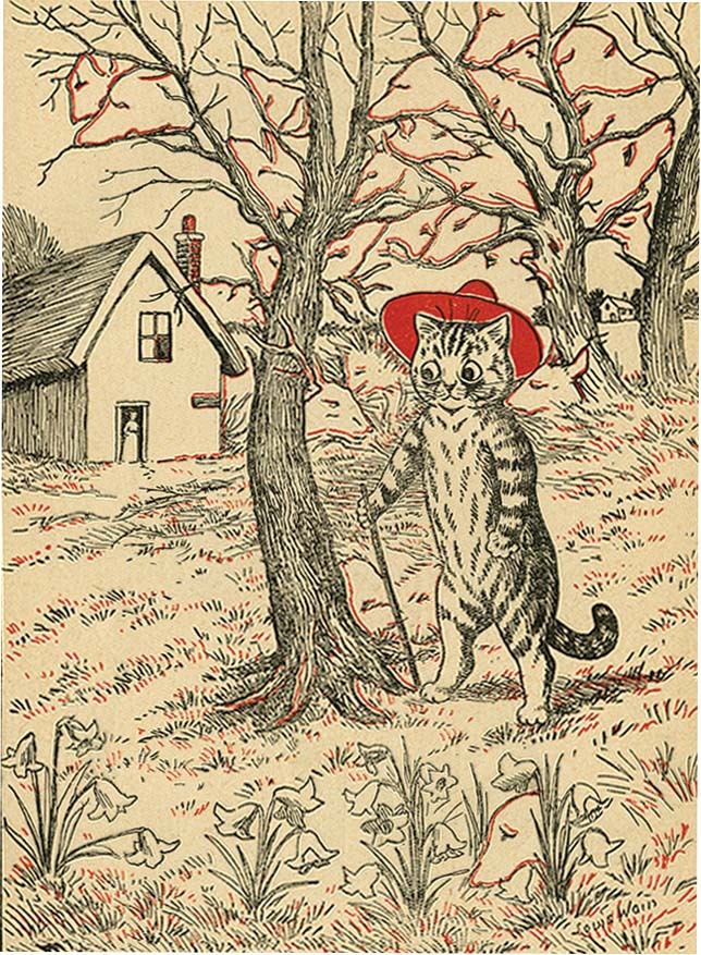 Louis Wain illustration with: 1910, 1subject, 2tone, book, book:louis_wains_childrens_book, cane, cat, cat:tabby, clothes:hat, flower, house, humanised, meta:has_source, meta:needstitle, outdoors, signature, smiling, surreal